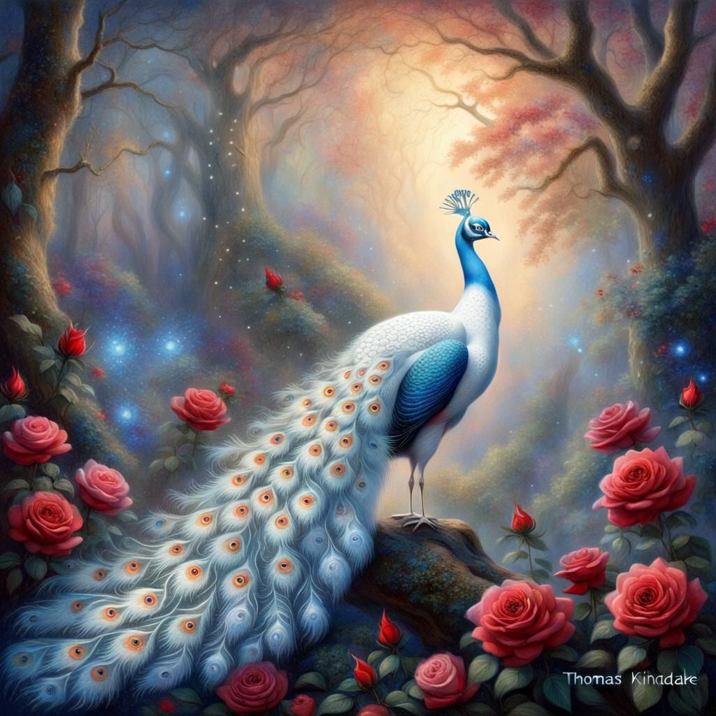 Mystical White Peacock in Ethereal Forest