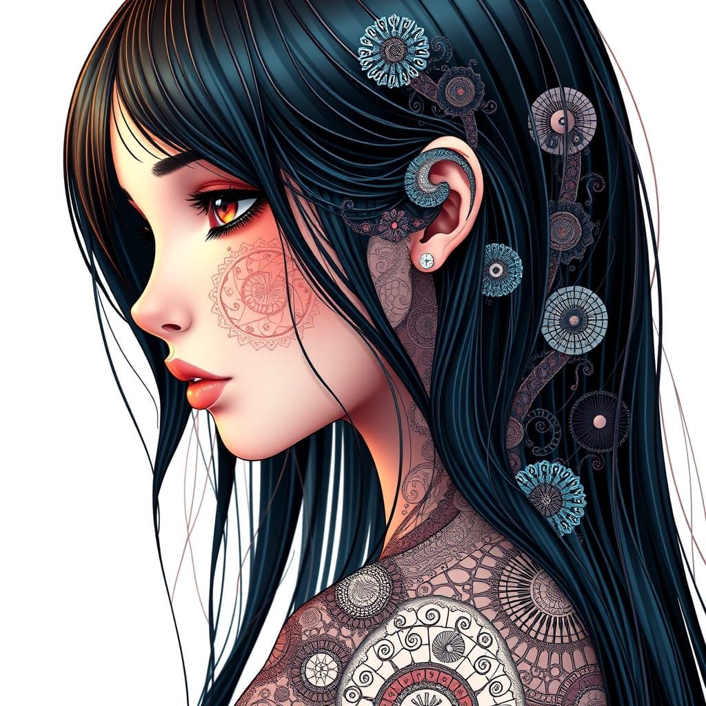 Girl with Intricate Brunette Hair in Cyberpunk Style