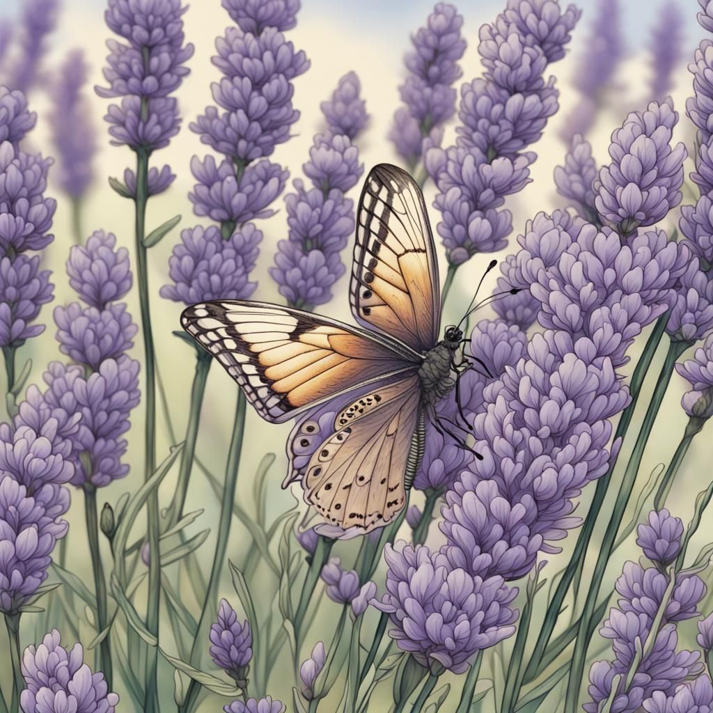 Butterfly Foraging Lavender Flower Illustration