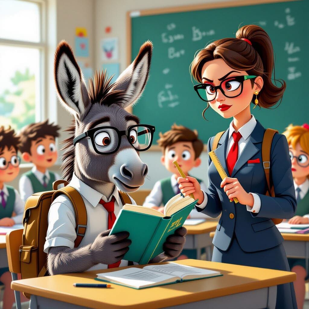 Donkey Student in a Chaotic Classroom, Contemporary Illustra...