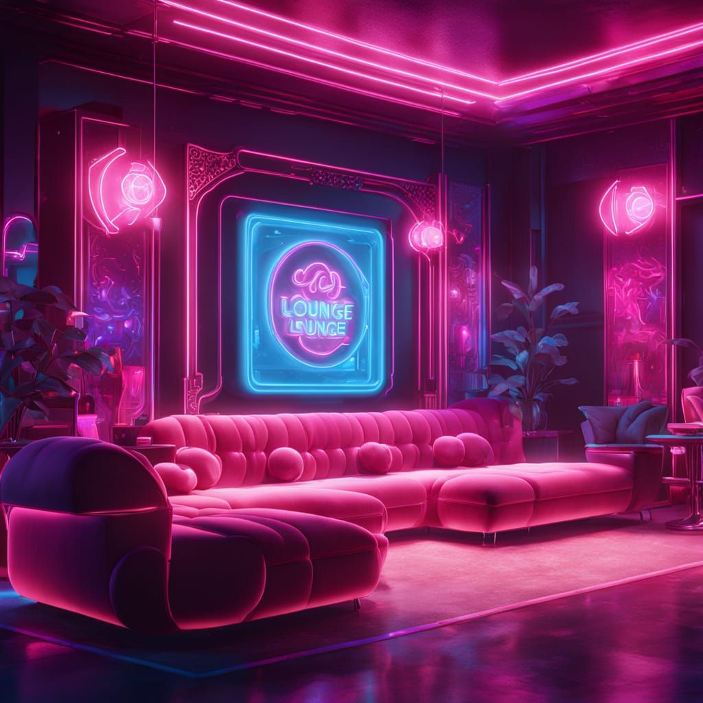 Luxurious Pink Velvet Lounge with Neon Reflections