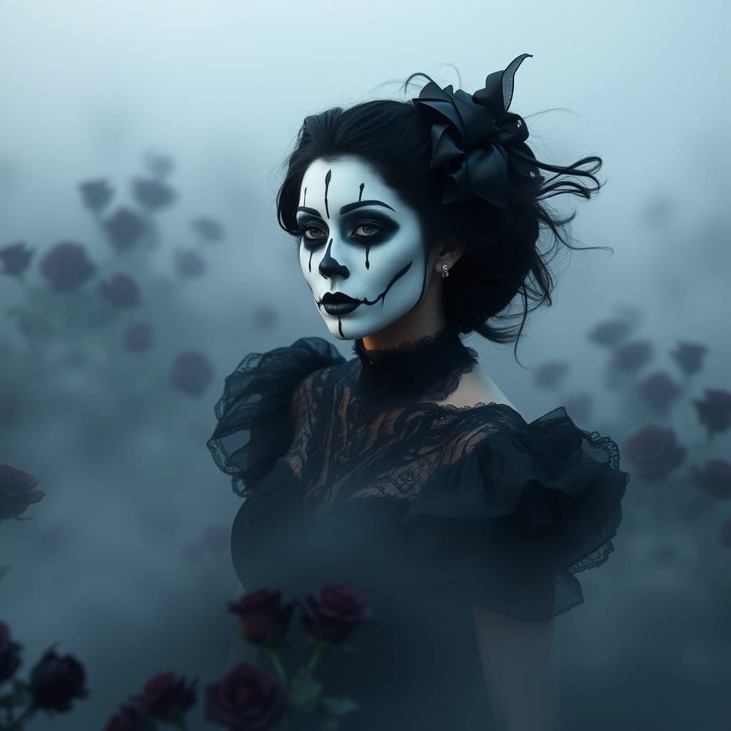 Woman in Gothic Black Dress Floats Over Misty Black Roses in...