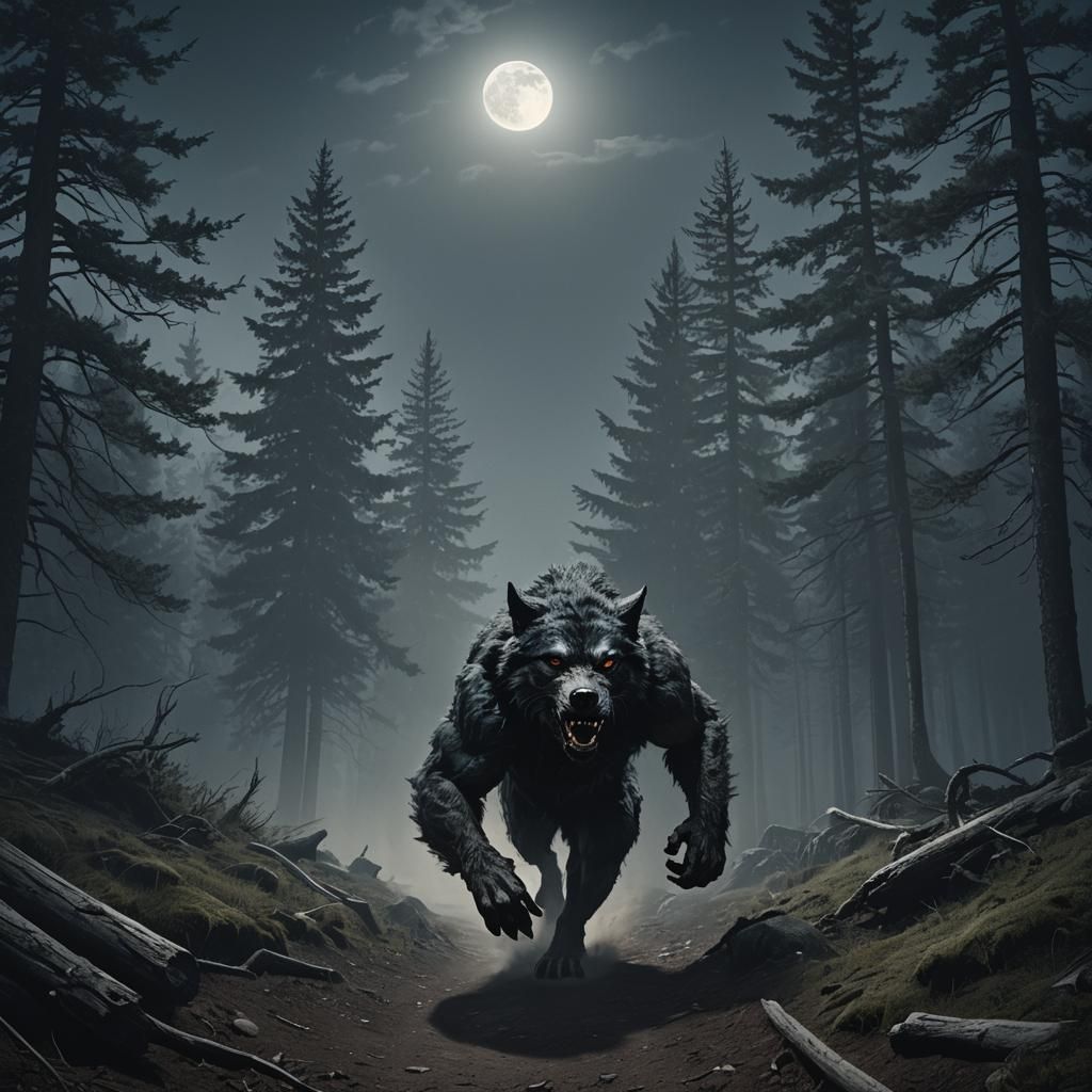 Hyper-Realistic Werewolf Running Under Full Moon