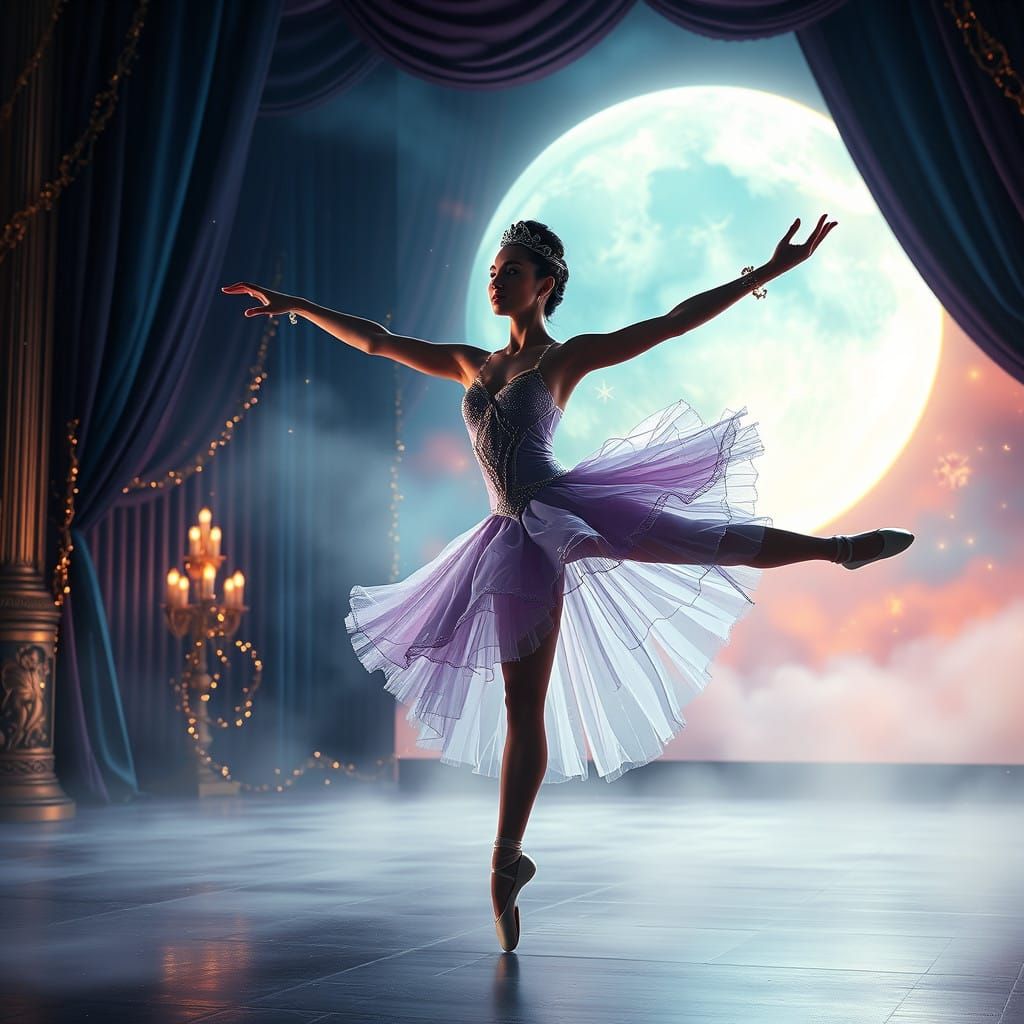 Ethereal Ballerina in Dreamlike Pose on Moonlit Stage