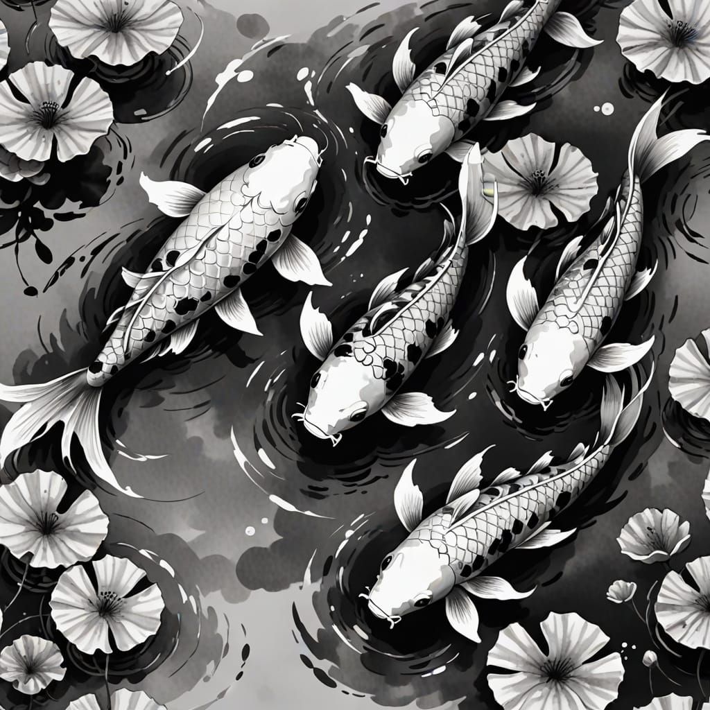 Harmonious Koi Fish in Traditional Ink Painting