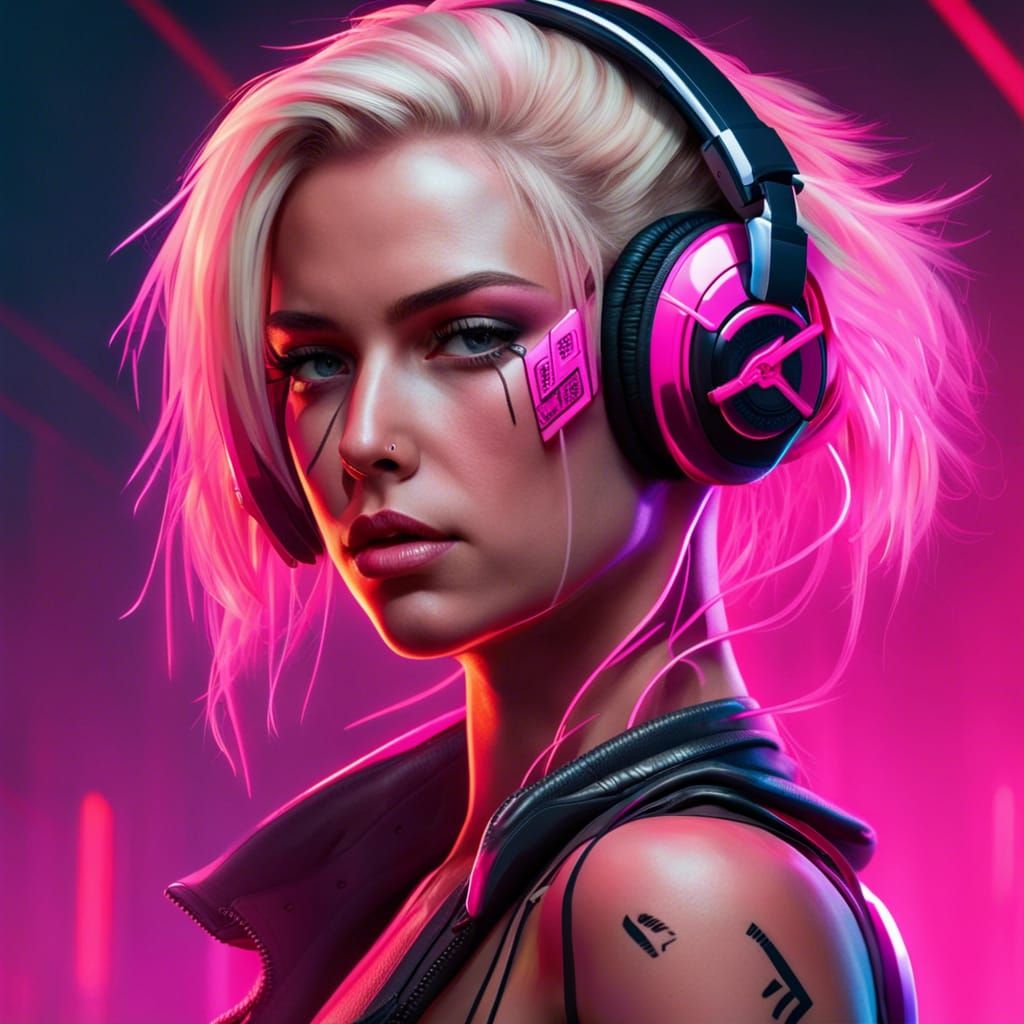 Athletic Blonde Girl in Cyberpunk Style