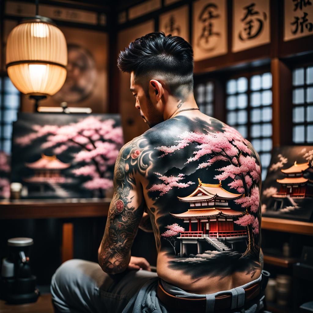 Hyperrealistic Tattoo Artist at Work: Japanese Temple