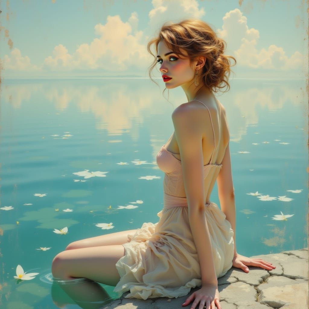 Elegant Romy Schneider by Water in Gouache Style