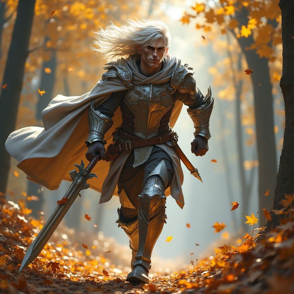 Armored Swordsman Flees Through Autumn Forest