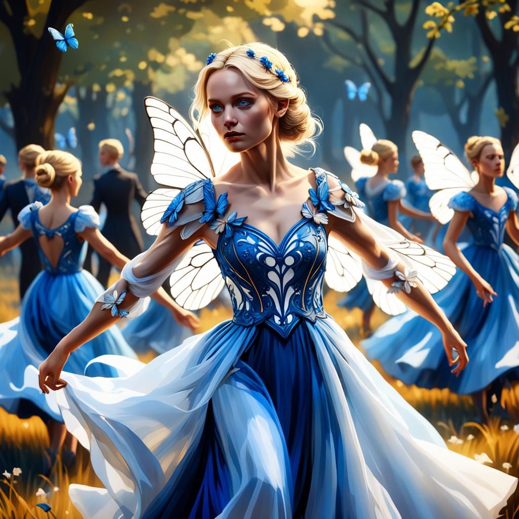 Blonde Woman Dancing with Butterflies in Field
