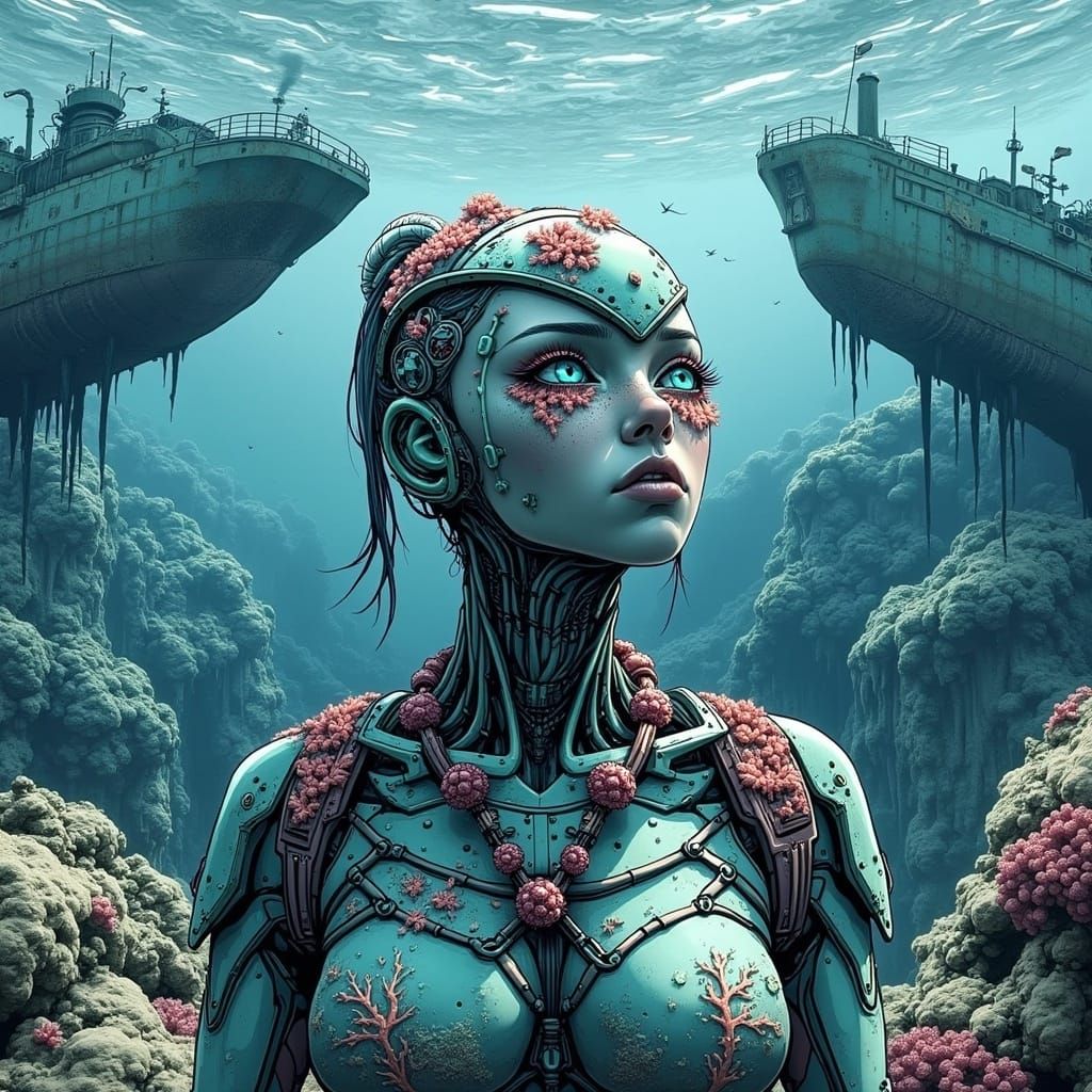 Biomechanical Cyberpunk Girl in Aquatic Landscape