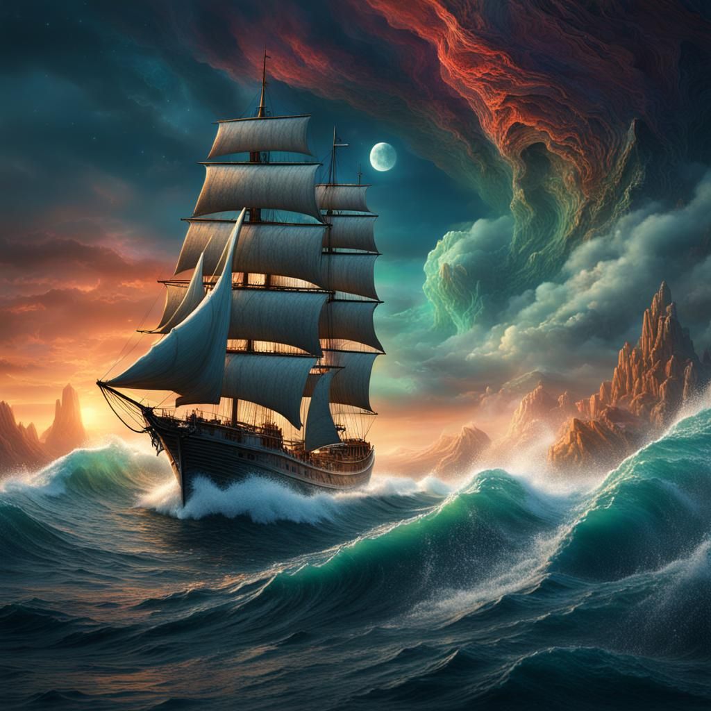 Sailboat on Surreal Sea: Detailed Fantasy Concept Art