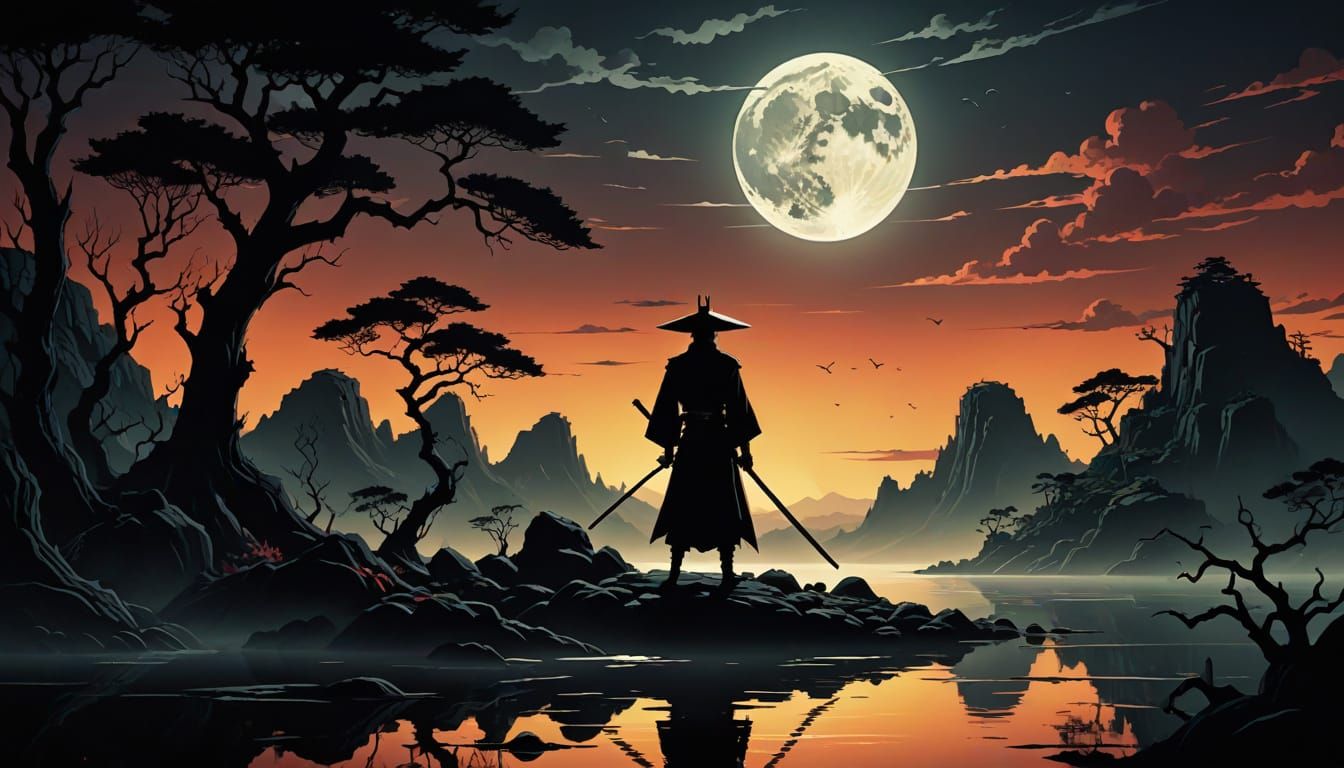 Dark Samurai-Demon Under Crimson Moonlit Skies