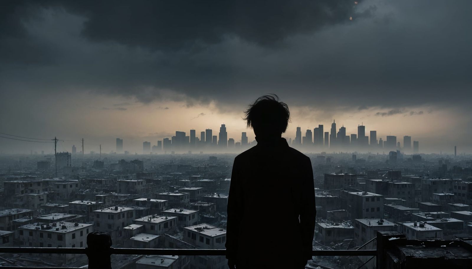 Lonely Figure Embracing Desolate Cityscape in Melancholic Gr...