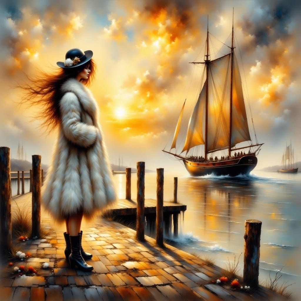 Queen Gazes at Yacht in Art Nouveau Style