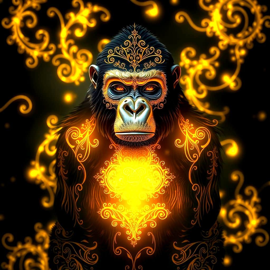 Bioluminescent Golden Gorilla with Filigree Designs