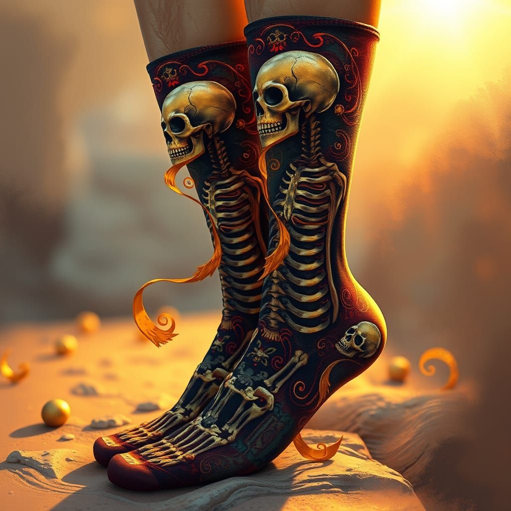 Surreal Skeleton Socks with Golden Tendrils
