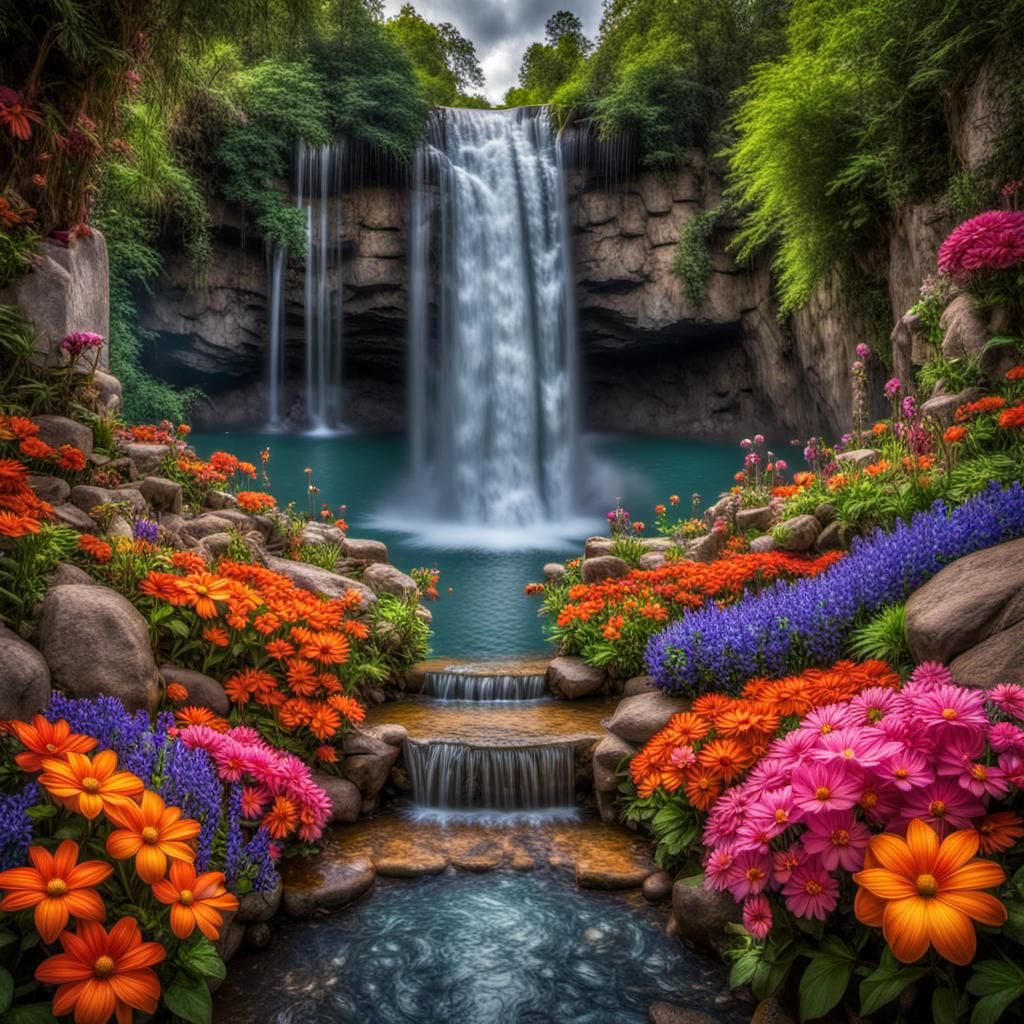 Colorful Flower Garden at Waterfall Base