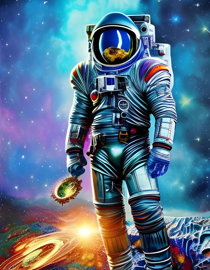 Cosmic Spaceman in Grunge Fractal Iridescence