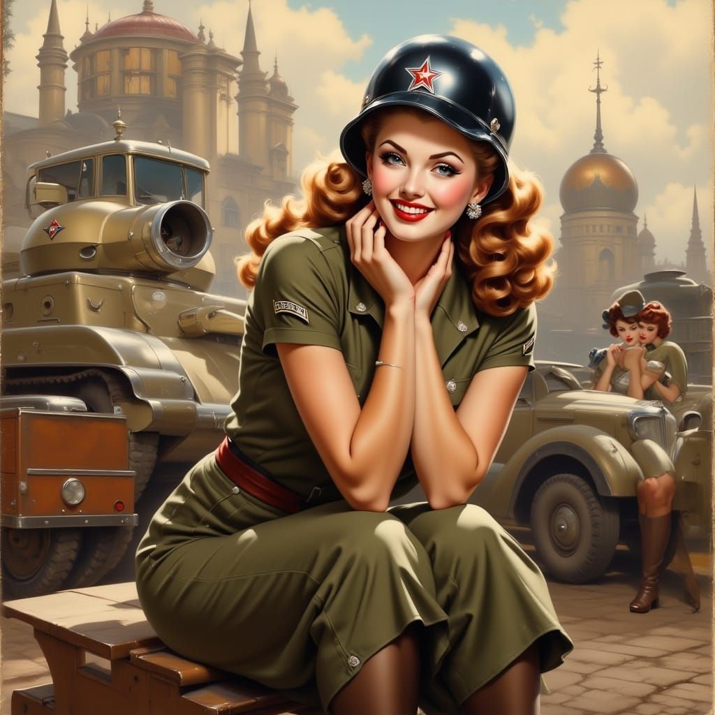 Vintage Pin-Up Girl in Military Style