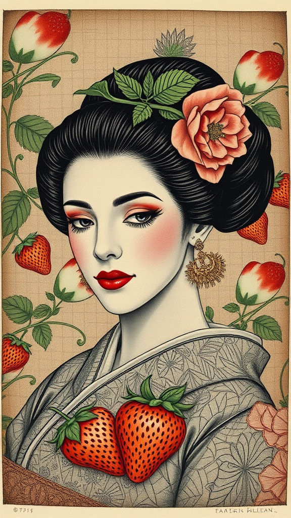 Steampunk Geisha in Retro Strawberry Mosaic Style