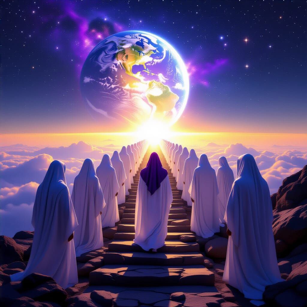 Figures Descending Earth From Space in Glowing Aura