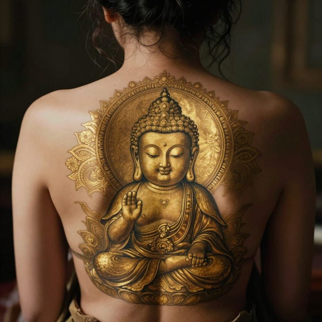Elegant Gold Baby Buddha Tattoo on Woman's Back
