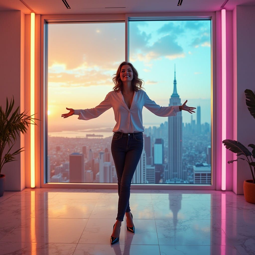 Confident Woman Embracing Weekend Freedom in Neon Cityscape