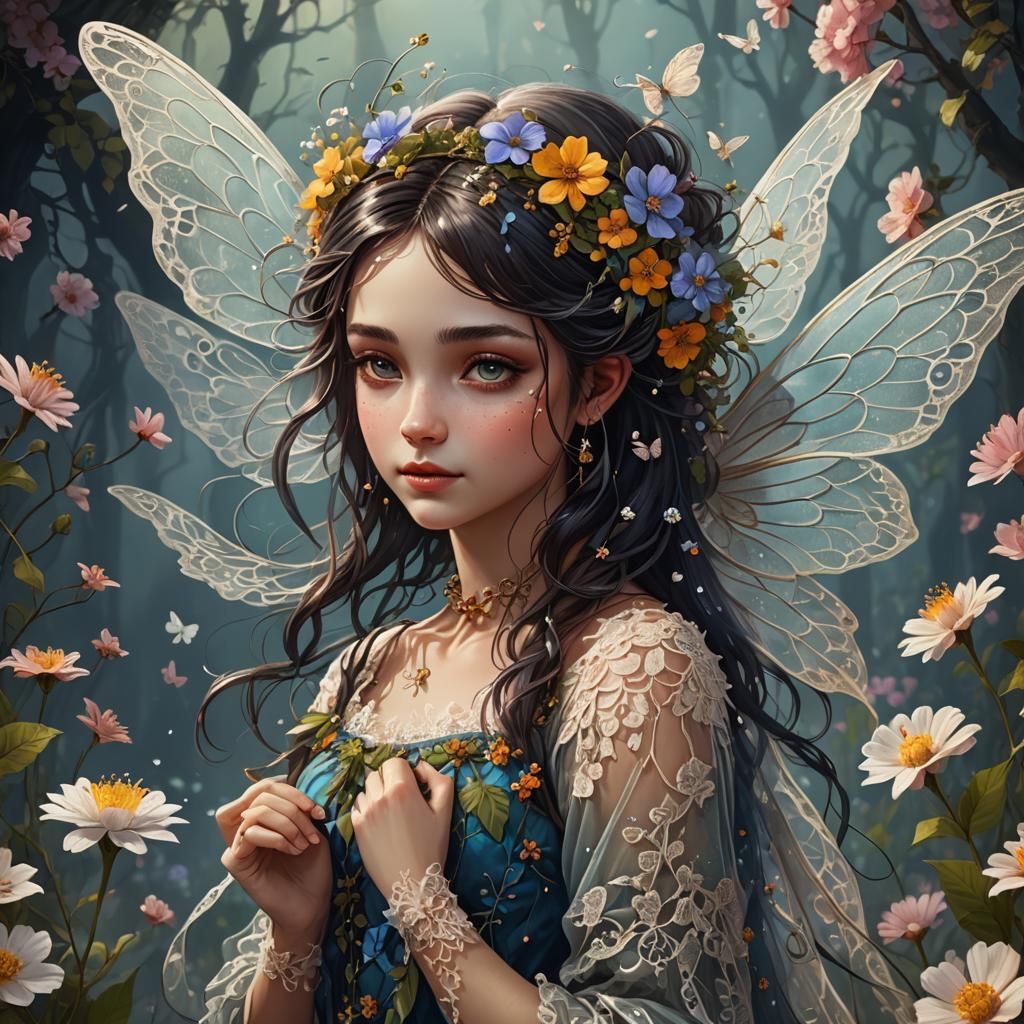 Beautiful Fairy with Lace Wings in Oil and Ink