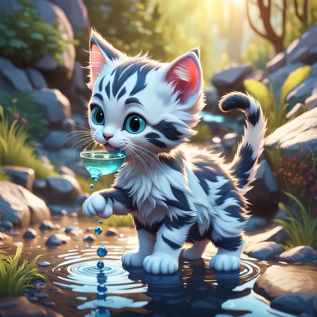 Hyperdetailed Kitten Drinking from Stream in 3D Style