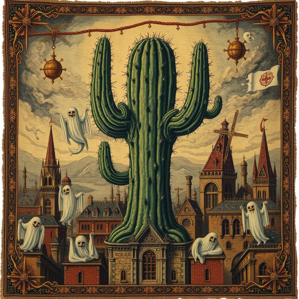 Medieval Tapestry of an Eldritch Cactus Creature