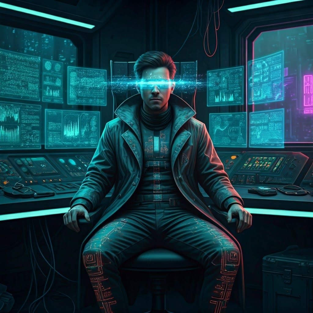 Netrunner in Cyberpunk Control Room with Holographic Visor