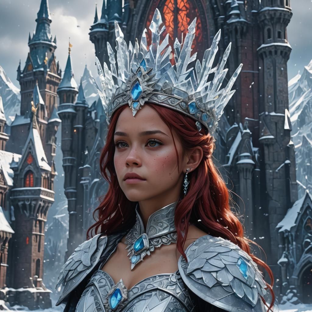 Ice Queen with Red Hair in Frozen Kingdom