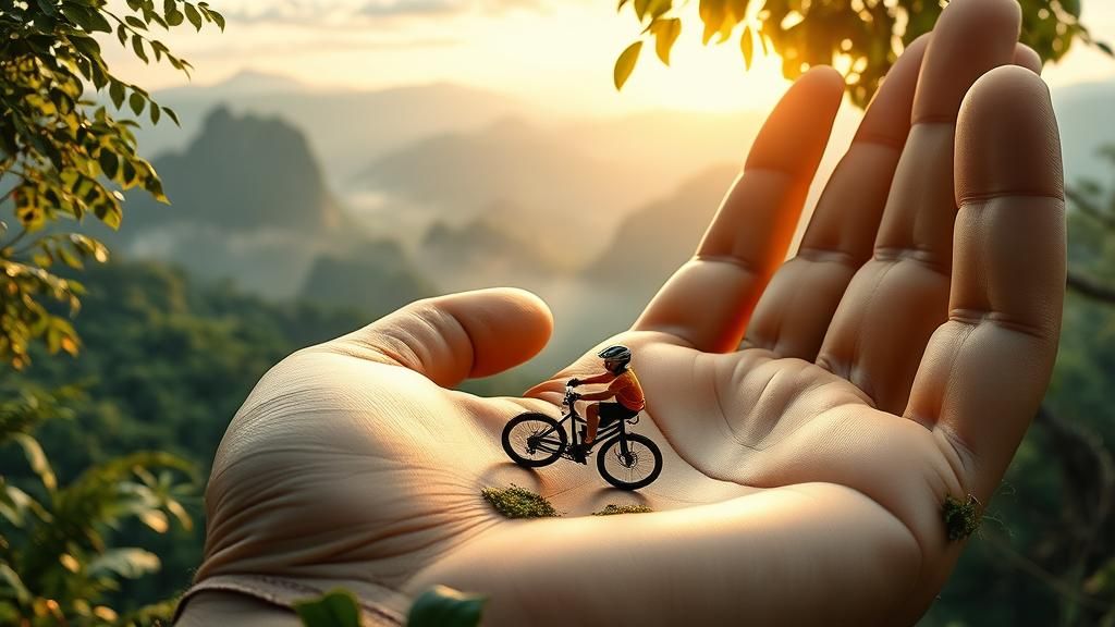 Miniature Biker Rides Giant Palm: Digital Art