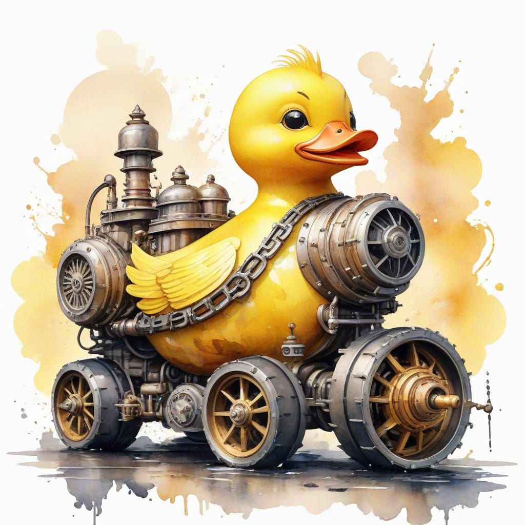 Whimsical Steampunk Duck on Fantastical Planet in Watercolor