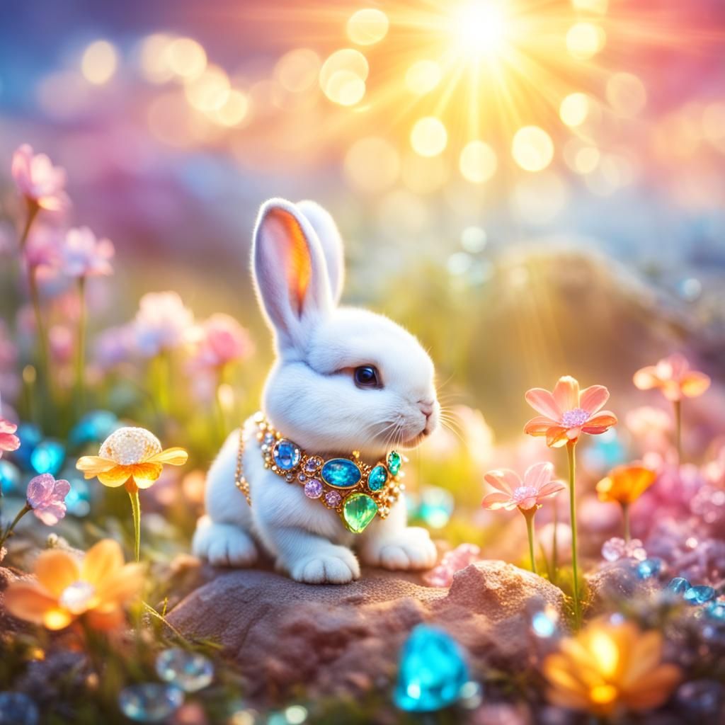 Mystical Bejeweled Bunny in Golden Hour Sunshine
