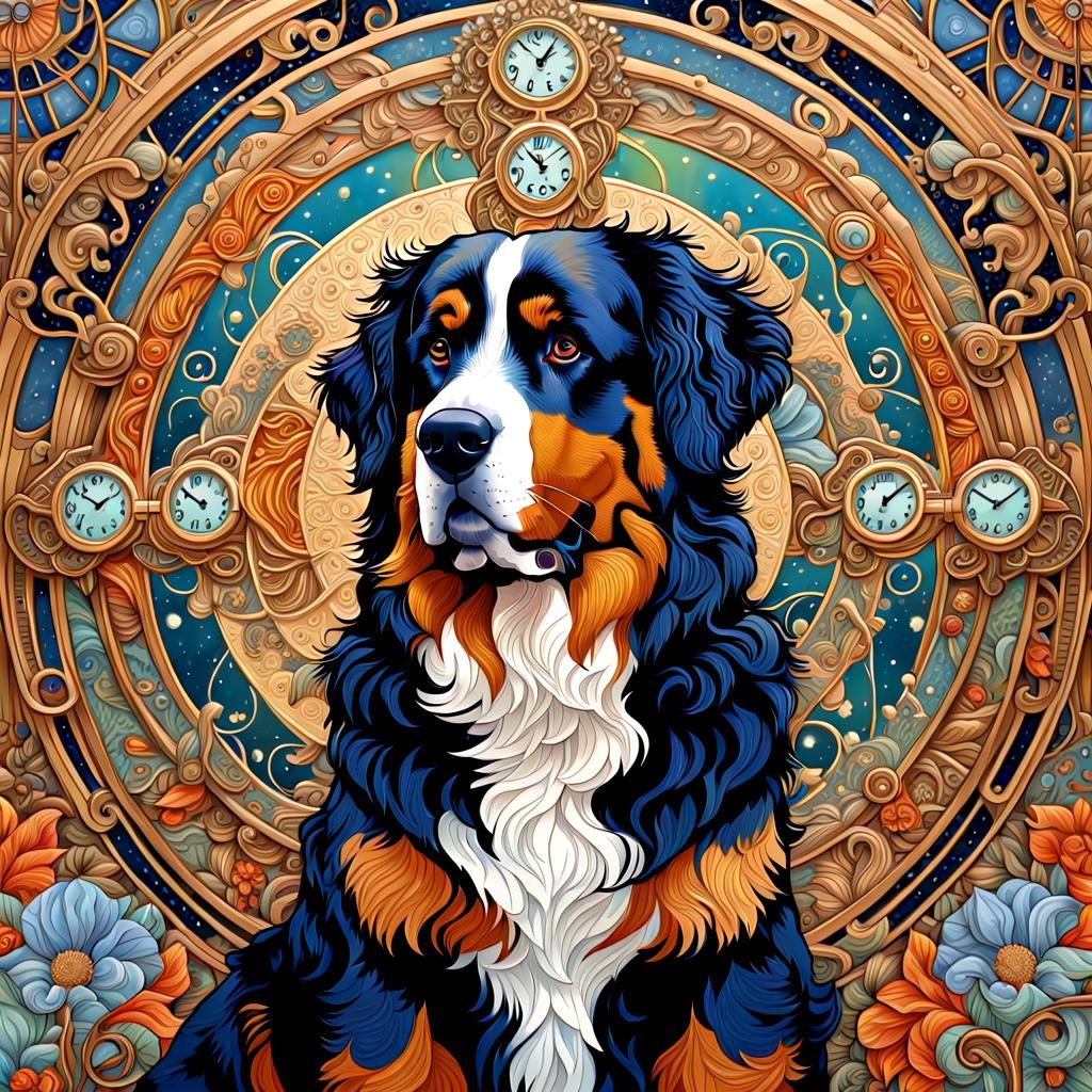 Bernese Mountain Dog Portrait in Clockpunk Style