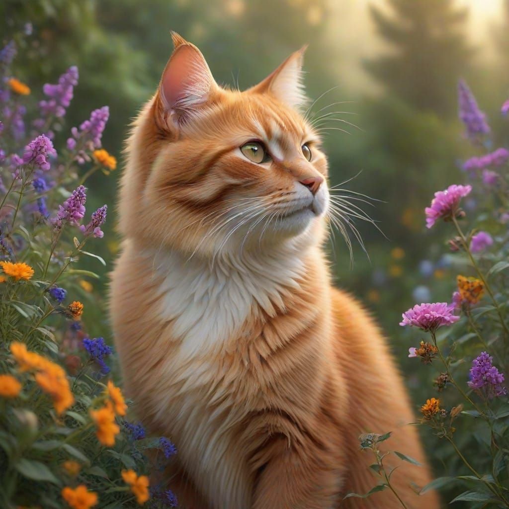 Whimsical Orange Cat in Dreamy Garden