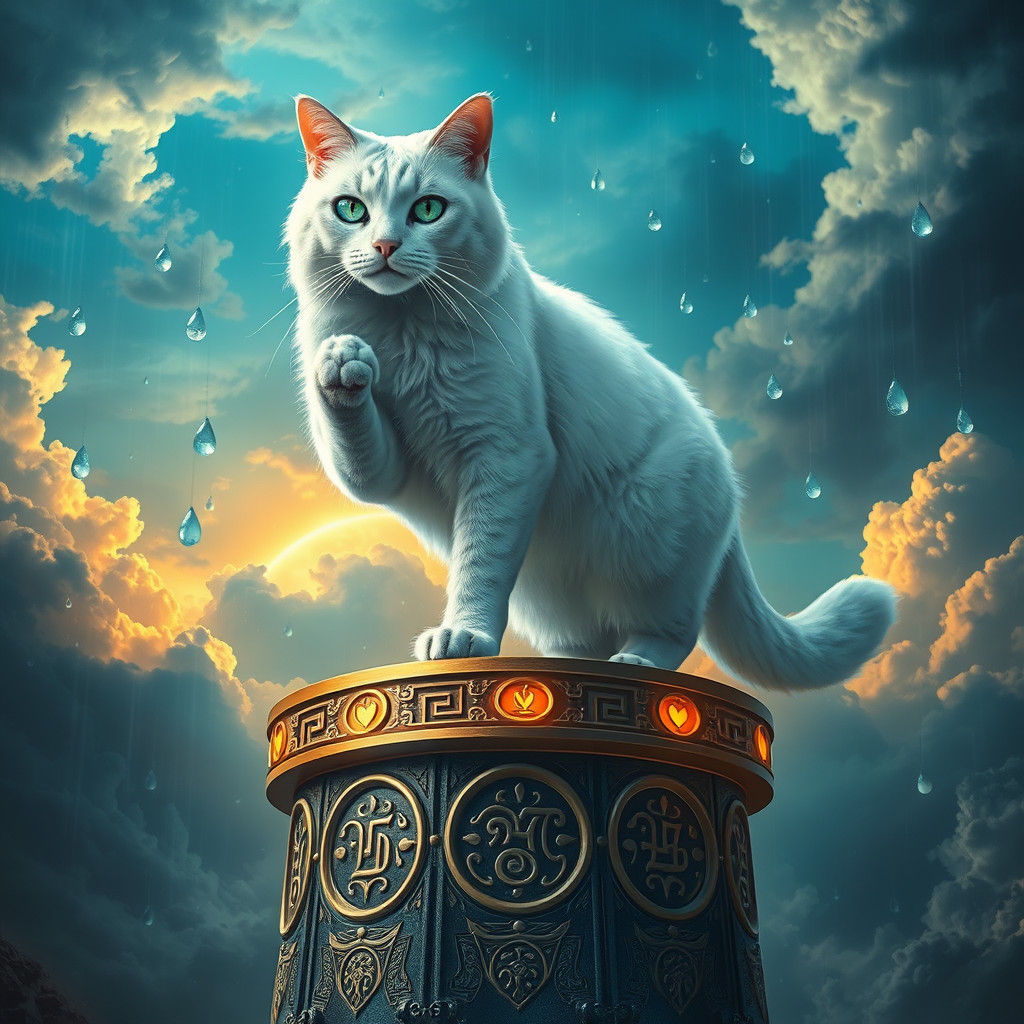 Majestic Cat Commands Rain in Ethereal Landscape