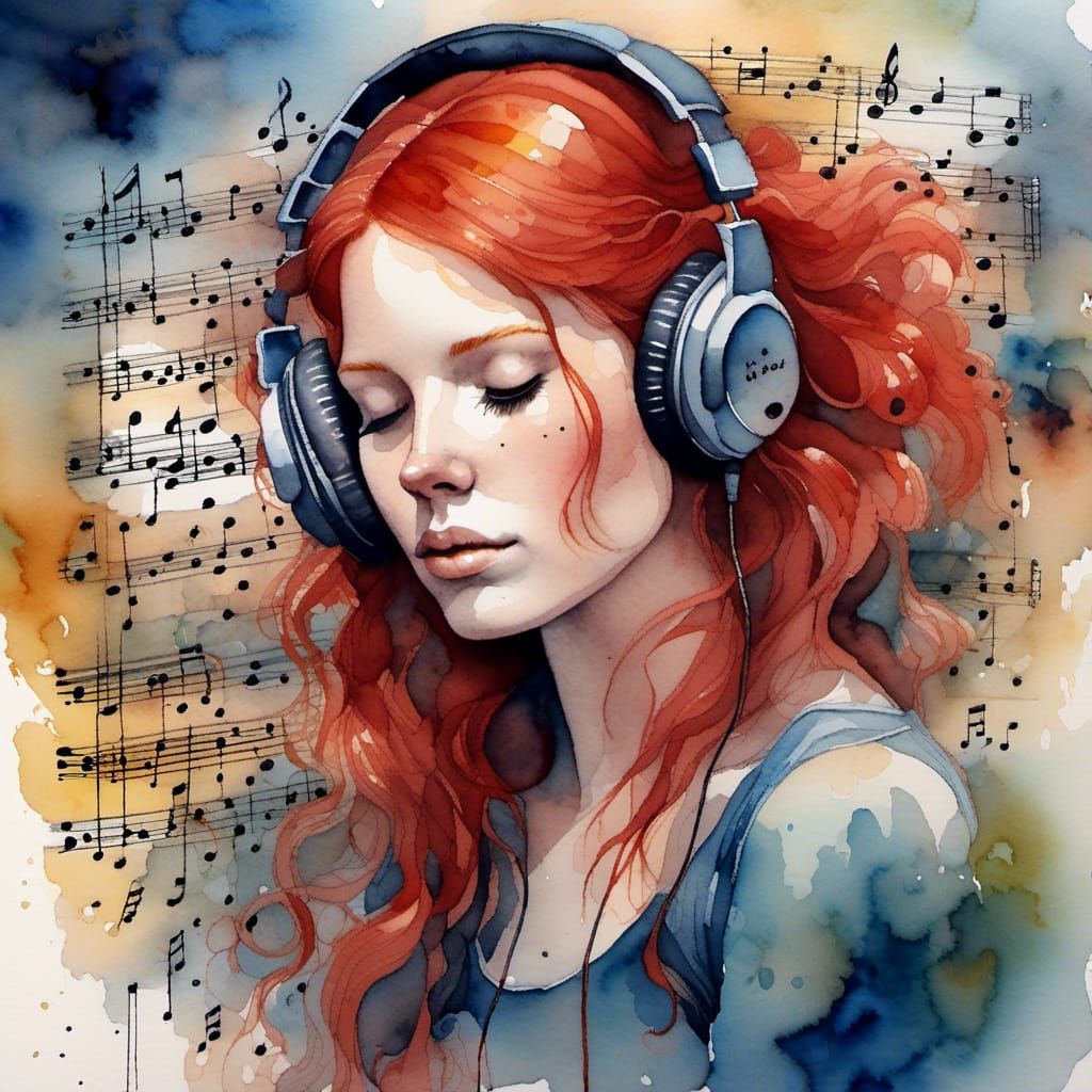 Red-Haired Woman Listening to Music in Watercolour