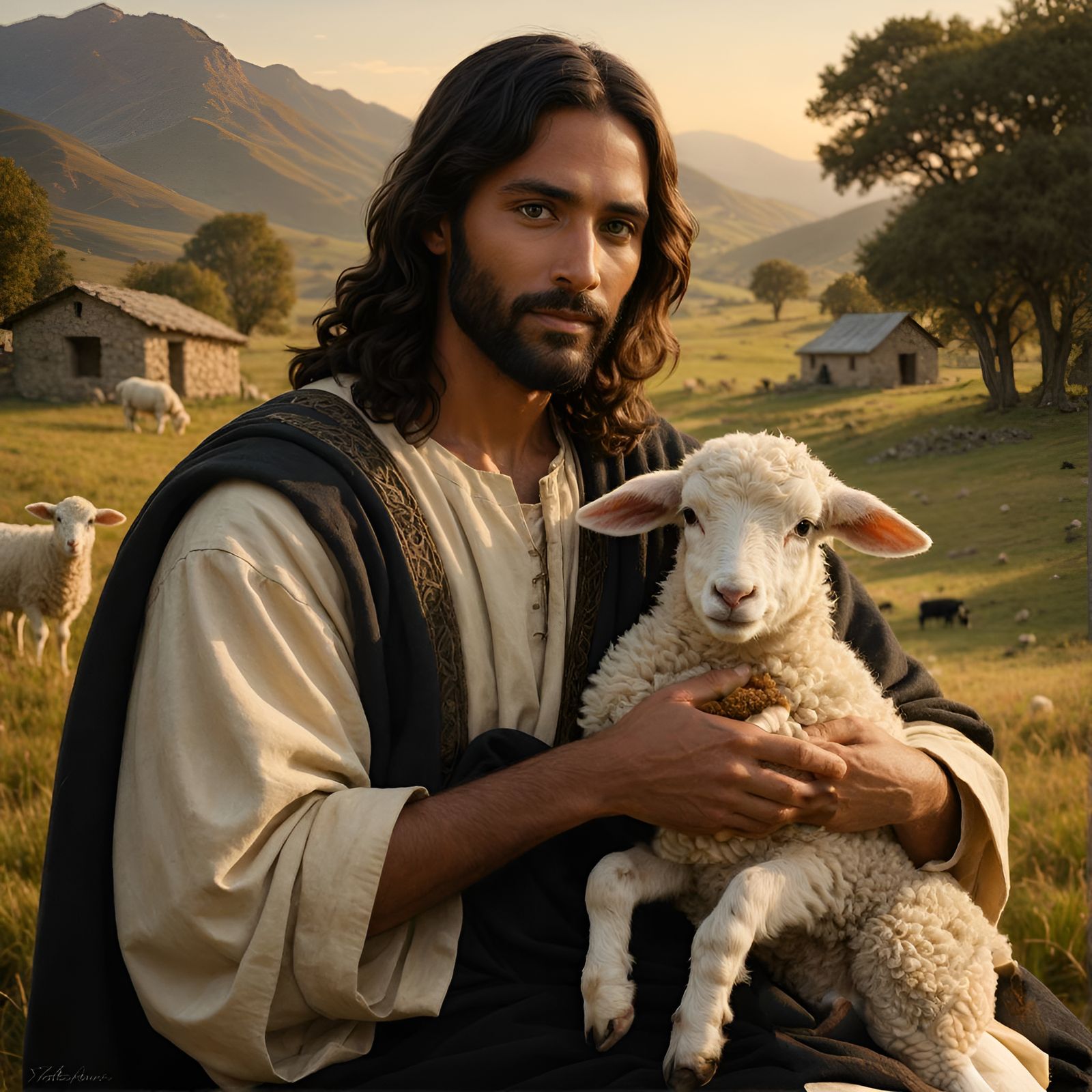 Tan Skinned Jesus Tenderly Holds a Lamb
