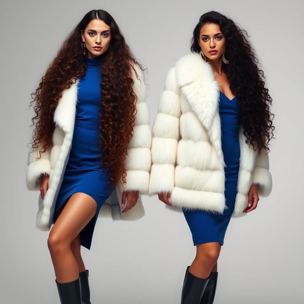 Elegant Models in White Synthetic Fur Coats