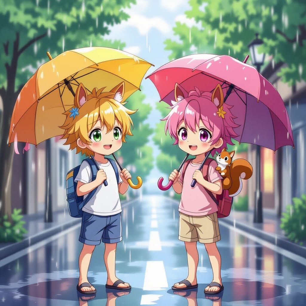 Anime Boys with Horse Ears in Rainy Street Scene