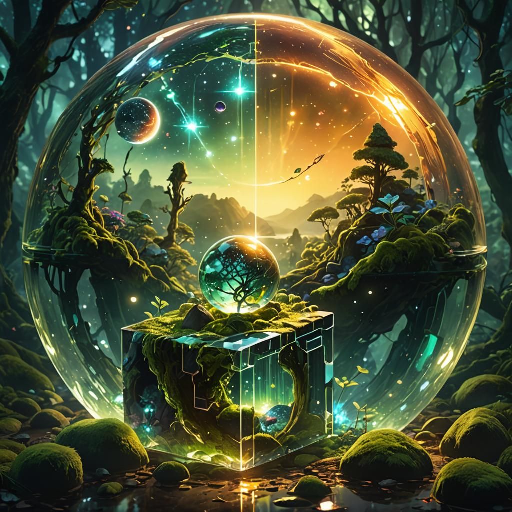 Glass Cube Containing Broken Planet in Enchanted Forest
