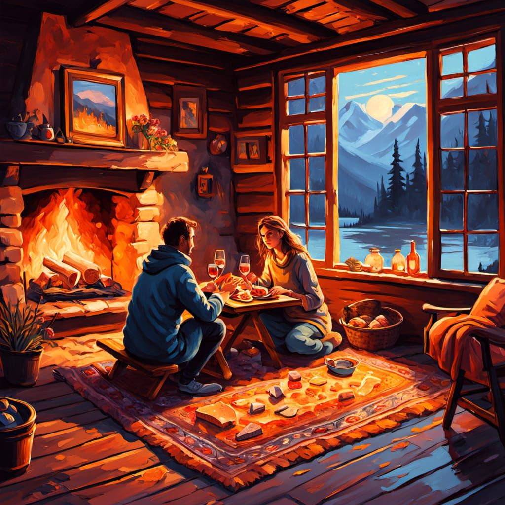 Cozy Winter Scene in an Impressionist Cabin