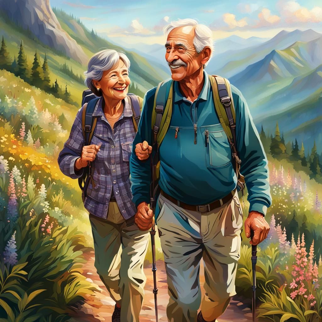 Senior Couple Hiking in Lush Mountain Landscape