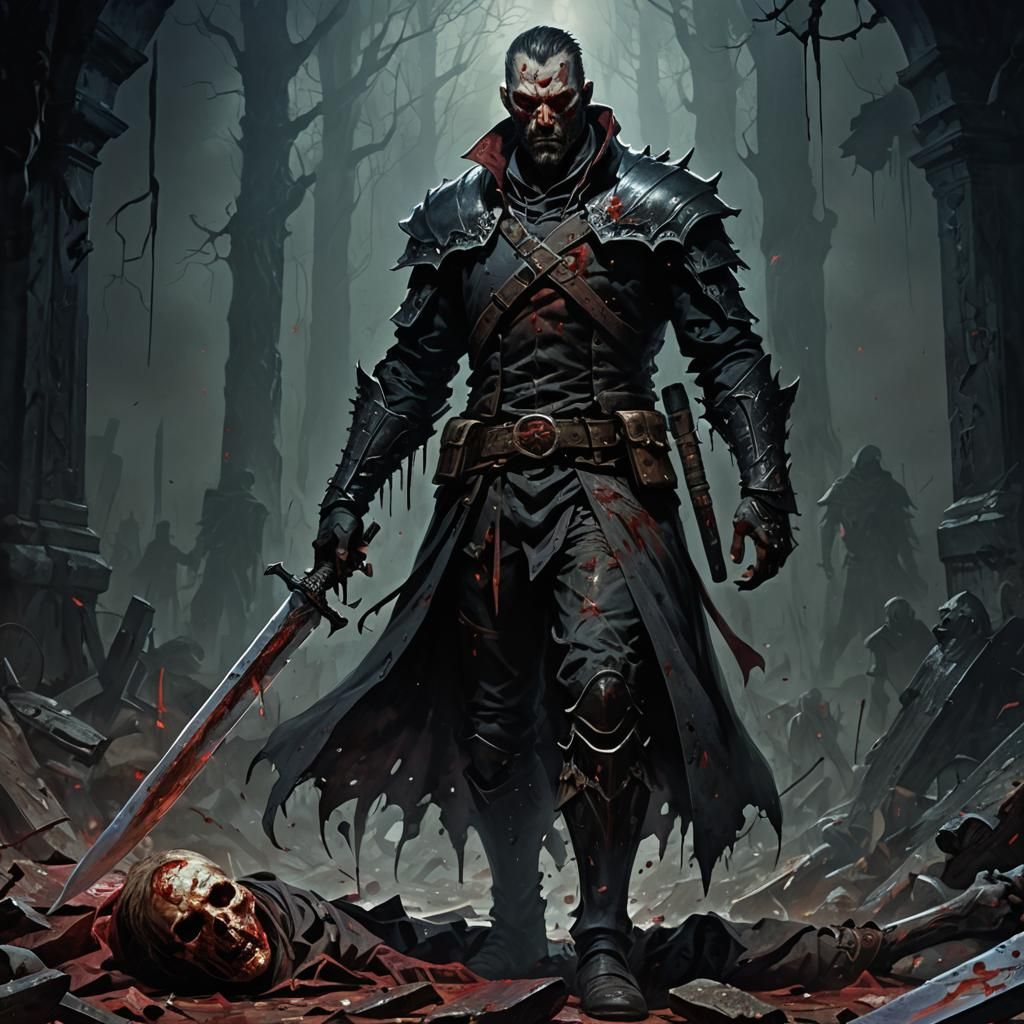 Menacing Figure with Bloodstained Knife in Dark Fantasy