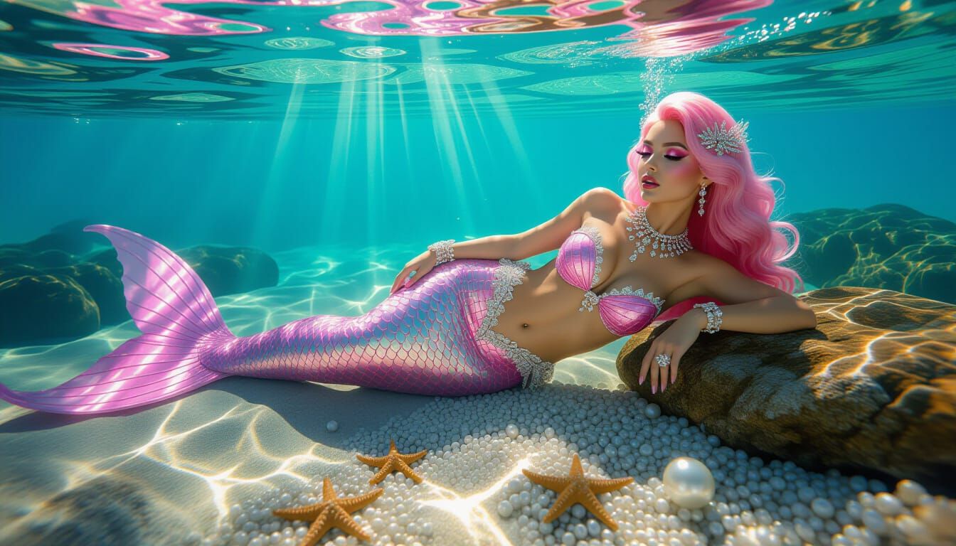 Hyperrealistic Pink Mermaid With Glitter and Jewels
