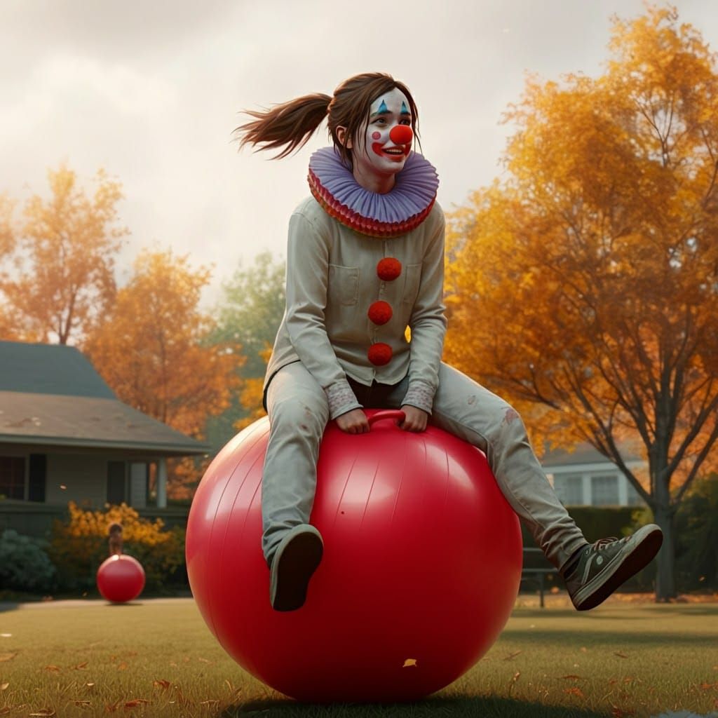 Ellie as Clown Bouncing in Autumn, Hyperrealistic Style