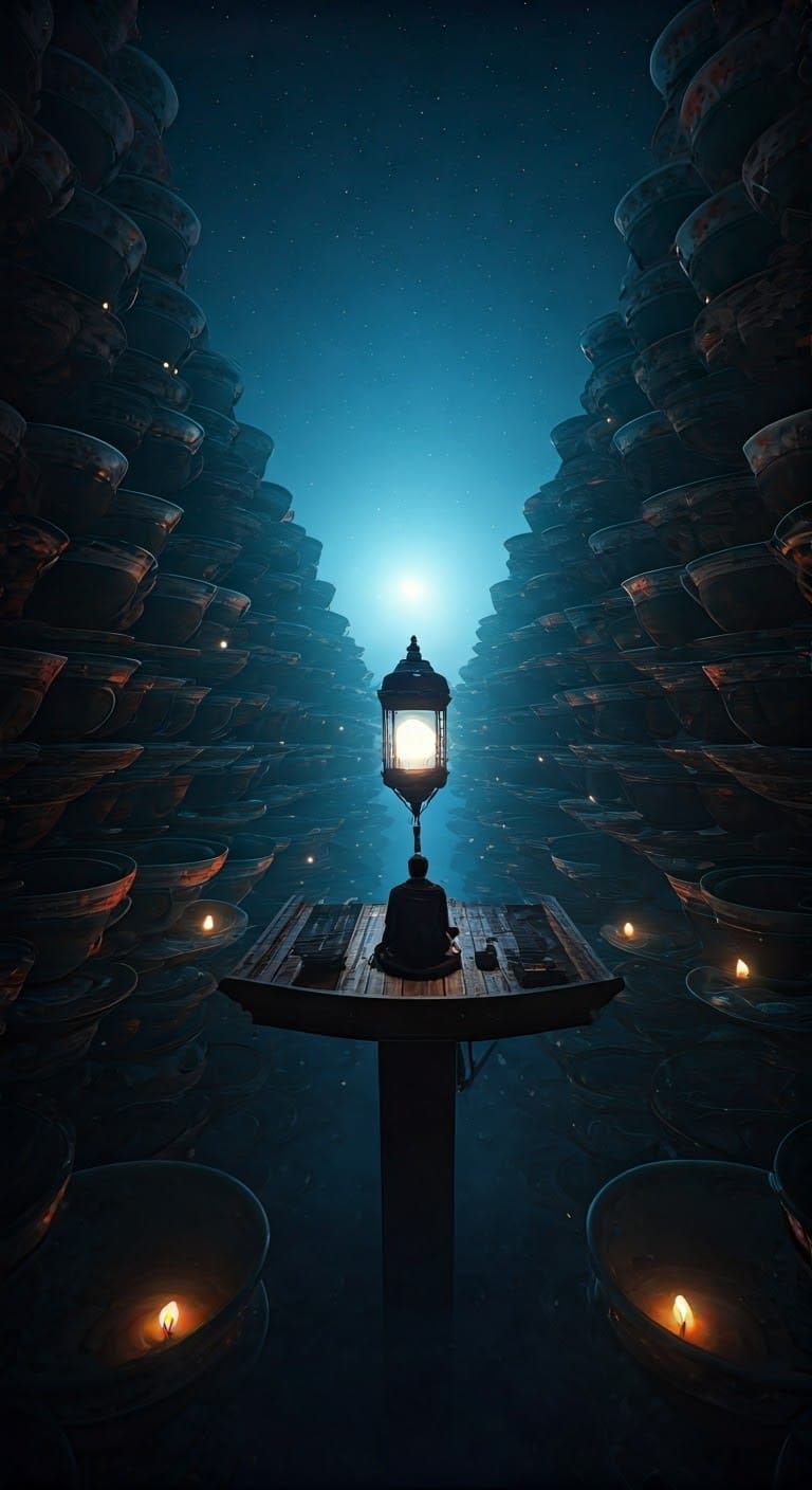 Stargazing Platform Surrounded by Teacups in Hyperrealism